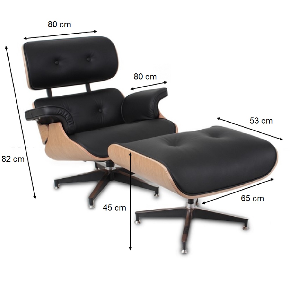 Poltrona e Puff Charles Eames Jac. Couro Natural Legitimo Preto