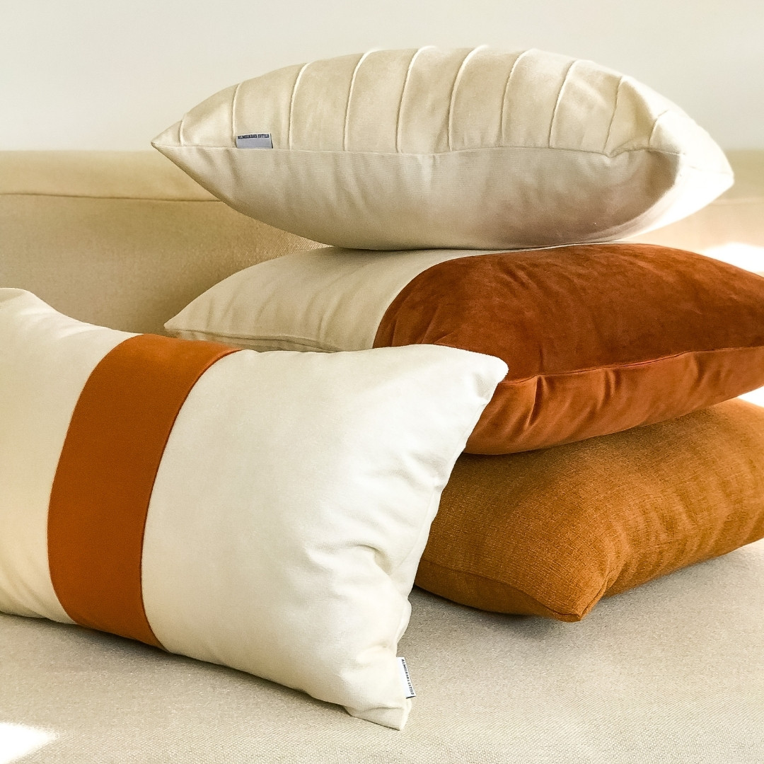 Capa De Almofada Retangular Faixa Em Veludo Creme