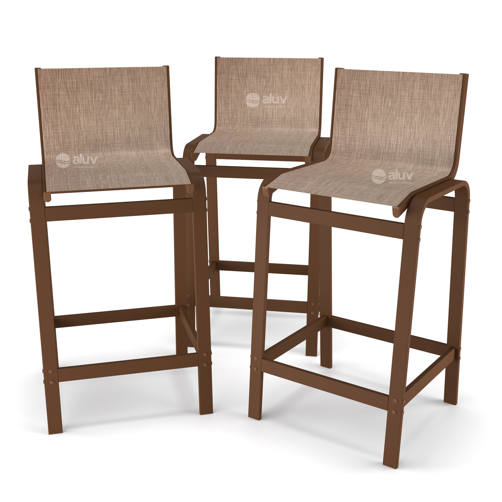 Kit 3 Banquetas Alta bancada Alumínio Marrom Tela Mocca
