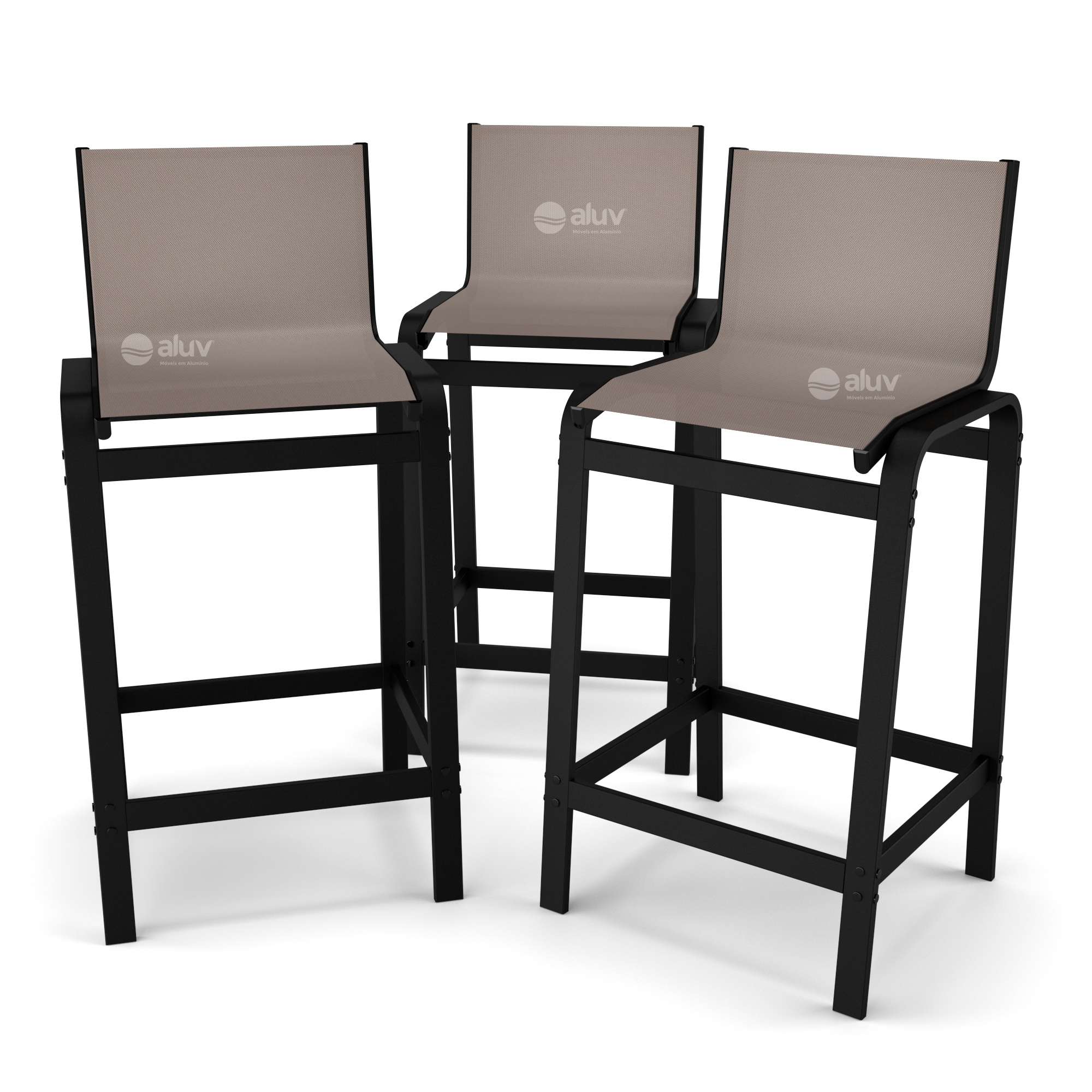 Kit 3 Banquetas Alta bancada Alumínio Preto Tela Fendi
