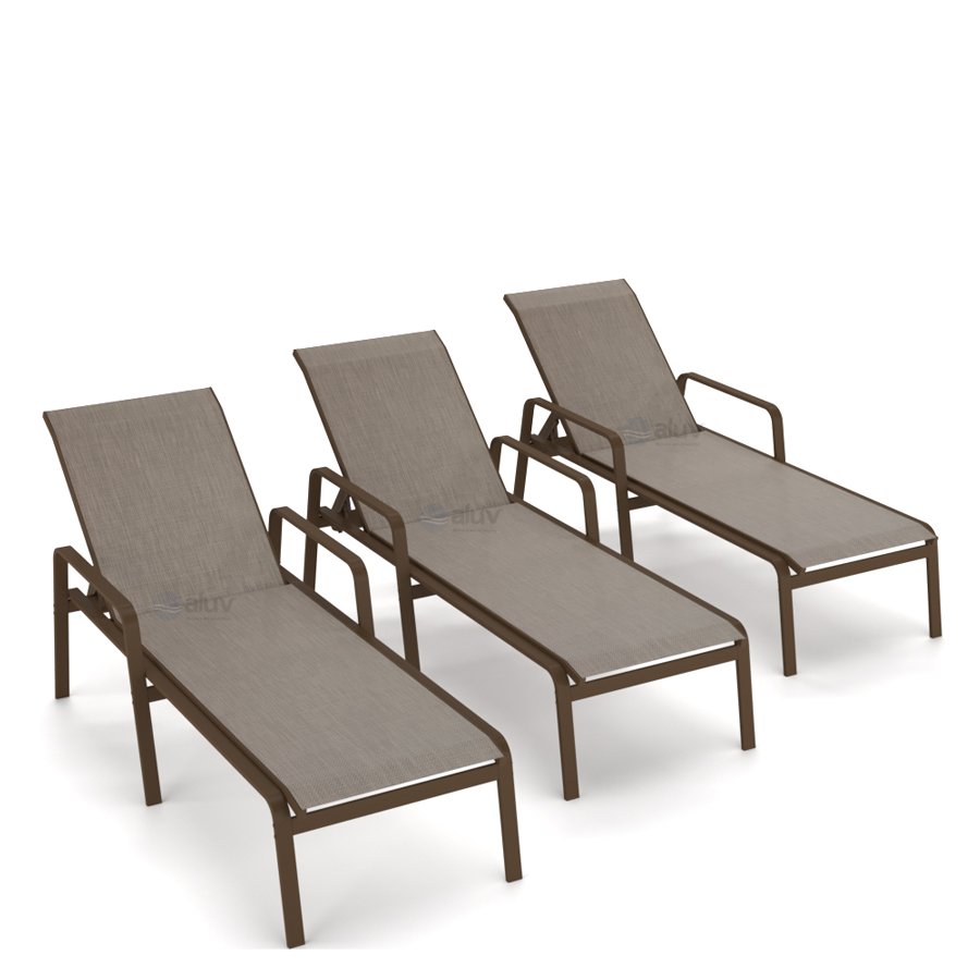 Kit 3 Espreguiçadeira Piscina Alumínio Marrom Tela Mocca