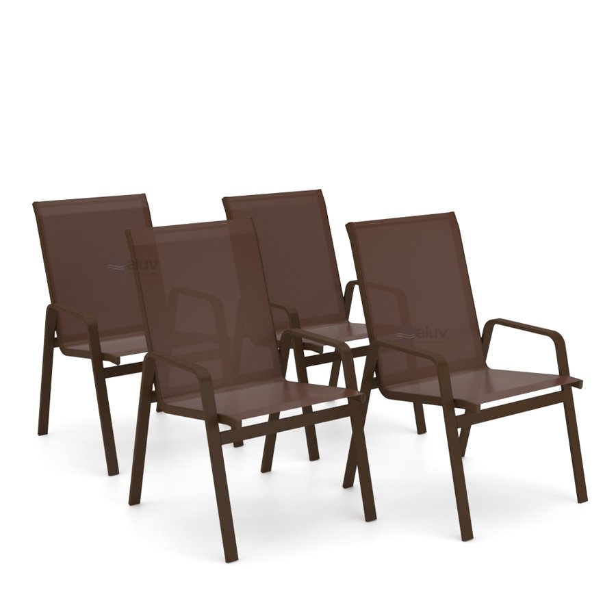 Kit 4 Cadeira Riviera Piscina Alumínio Marrom Tela Marrom