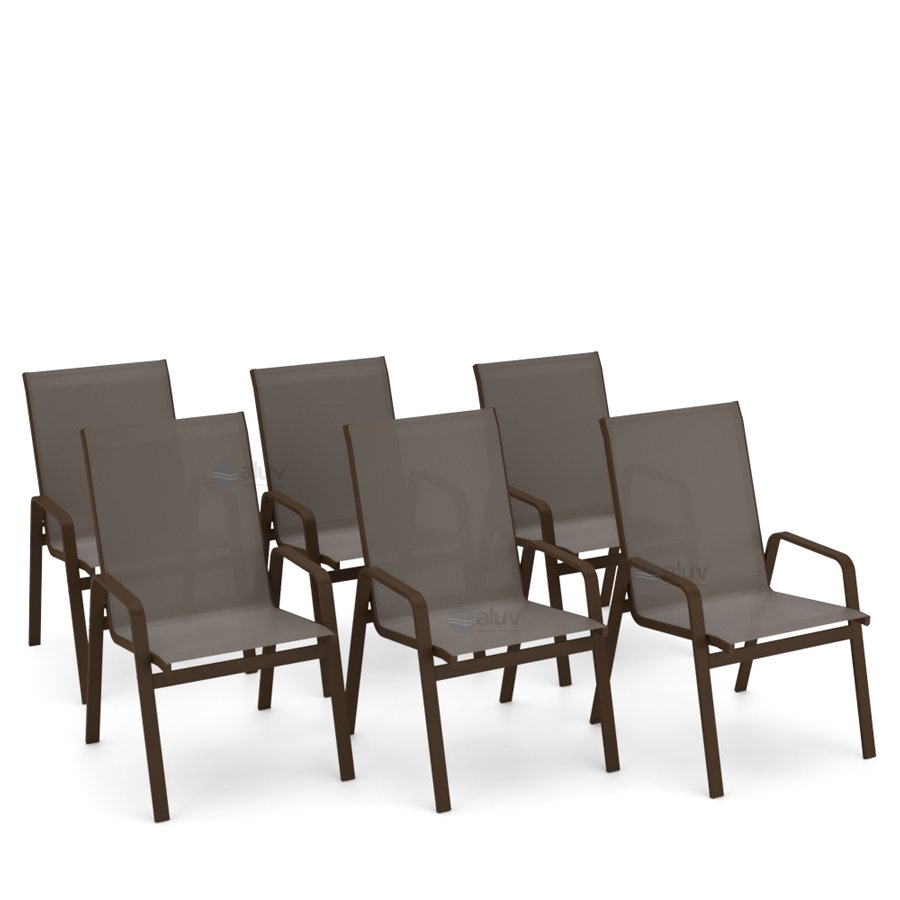 Kit 6 Cadeira Riviera Piscina Alumínio Marrom Tela Fendi