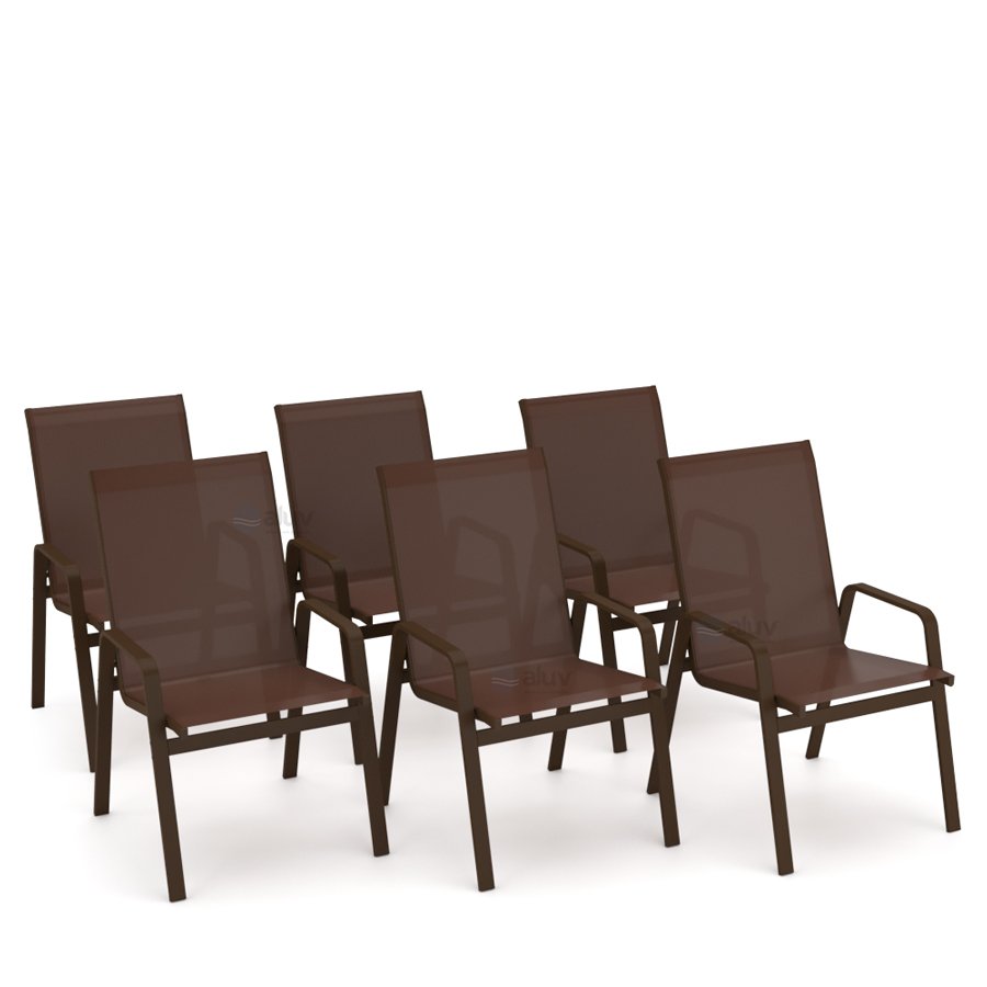 Kit 6 Cadeira Riviera Piscina Alumínio Marrom Tela Marrom