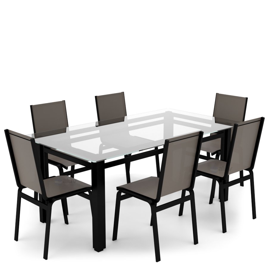 Sala Jantar Retangular 6 Lugares Alumínio Preto Tela Fendi