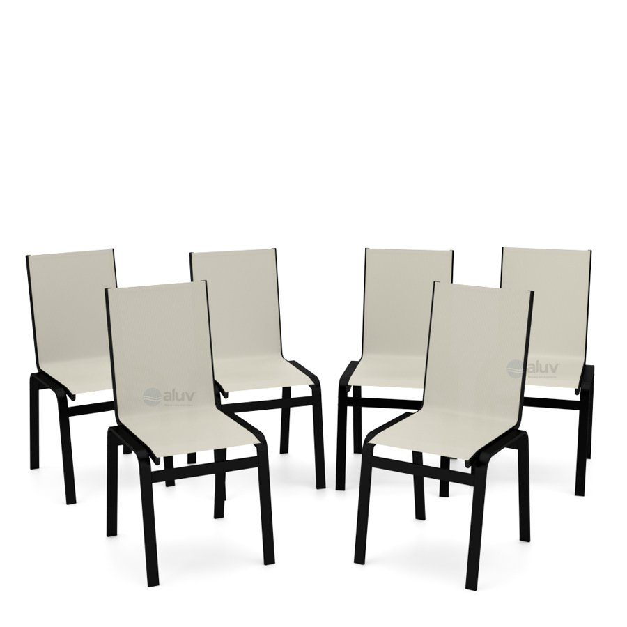kIT 6 Cadeira Jantar Gourmet Alumínio Preto Tela Bege