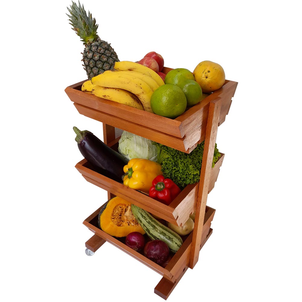 Fruteira em Madeira Alta Cozinha 3 Cestos com Rodinhas (cambara)