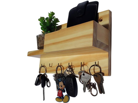 Porta Chaves Madeira Pinus com Suporte para Documentos