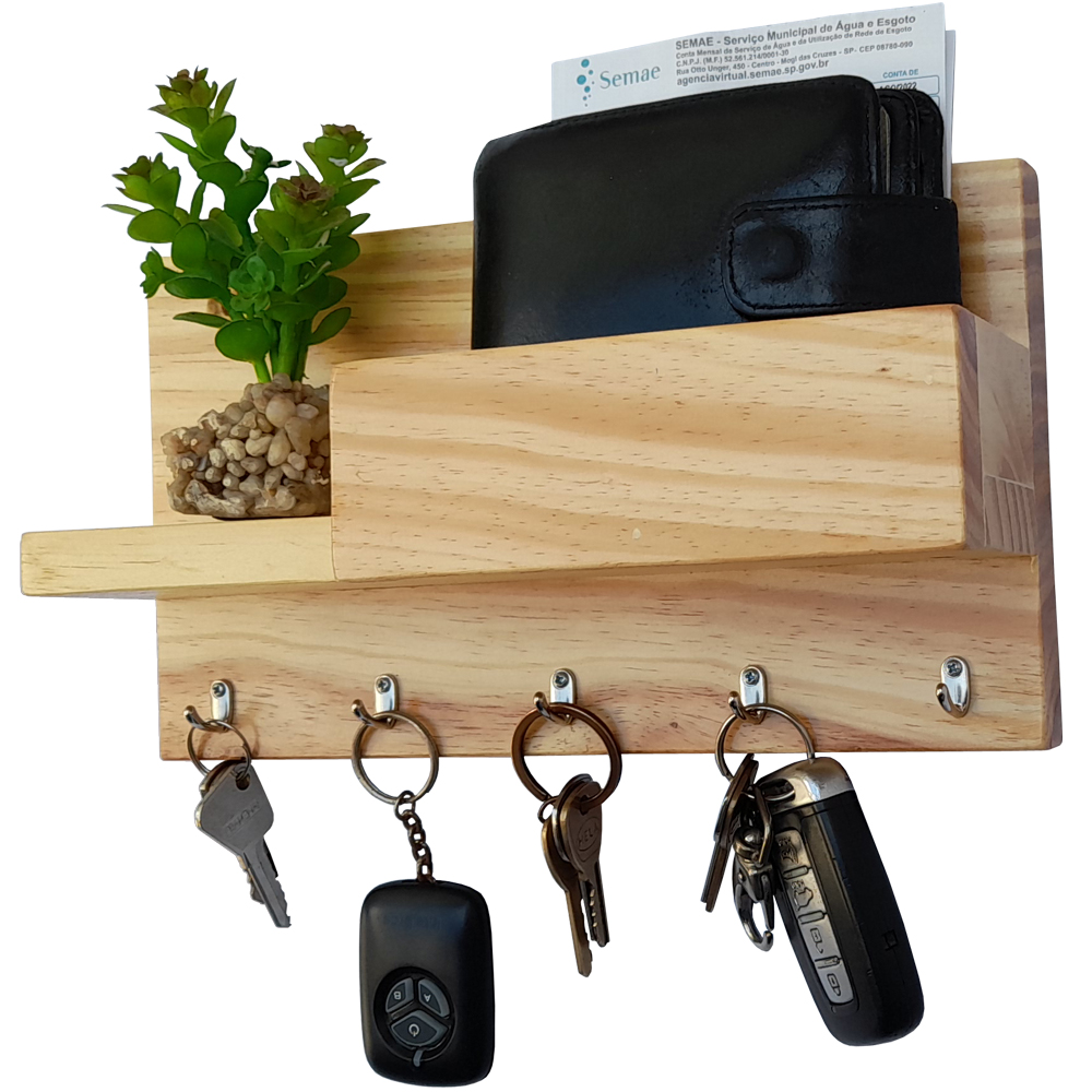 Porta Chaves Madeira Pinus com Suporte para Documentos Pinos Metal