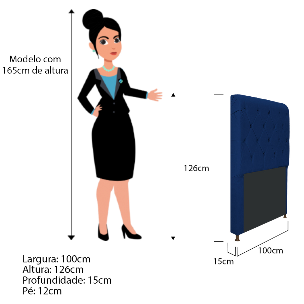 Cabeceira Estofada Cristal 100 cm Solteiro Com Capitonê Suede Azul Marinho - Amarena Móveis