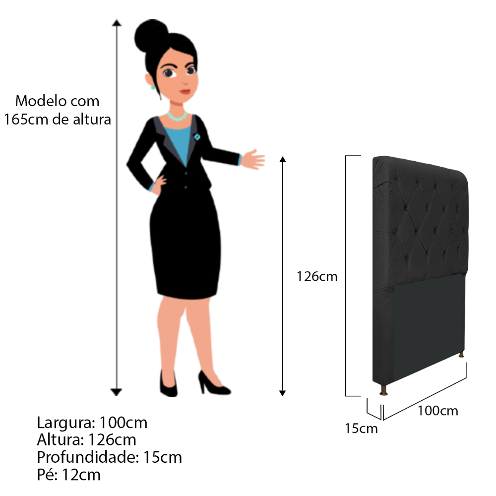 Cabeceira Estofada Cristal 100 cm Solteiro Com Capitonê Suede Preto - Amarena Móveis
