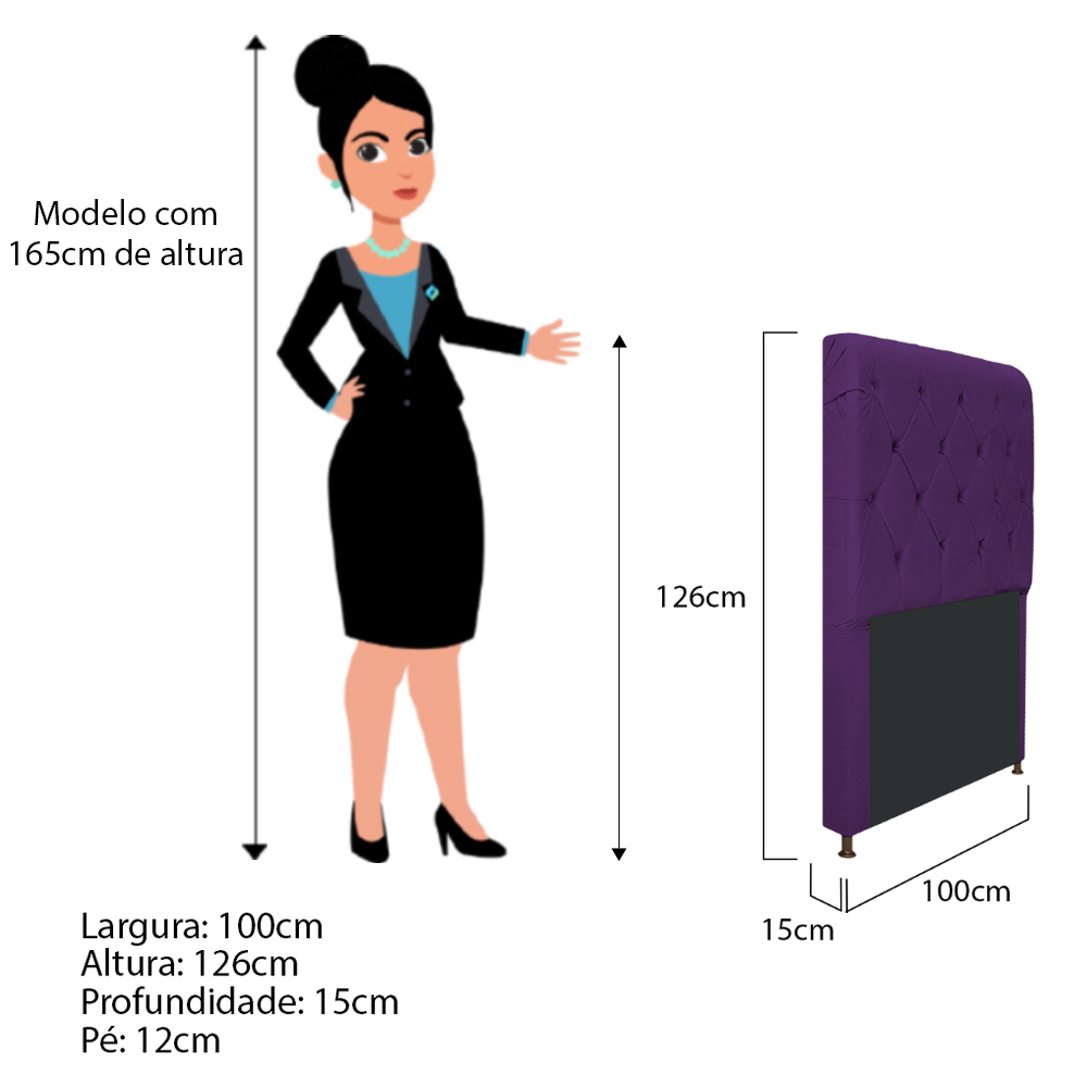 Cabeceira Estofada Cristal 100 cm Solteiro Com Capitonê Suede Roxo - Amarena Móveis