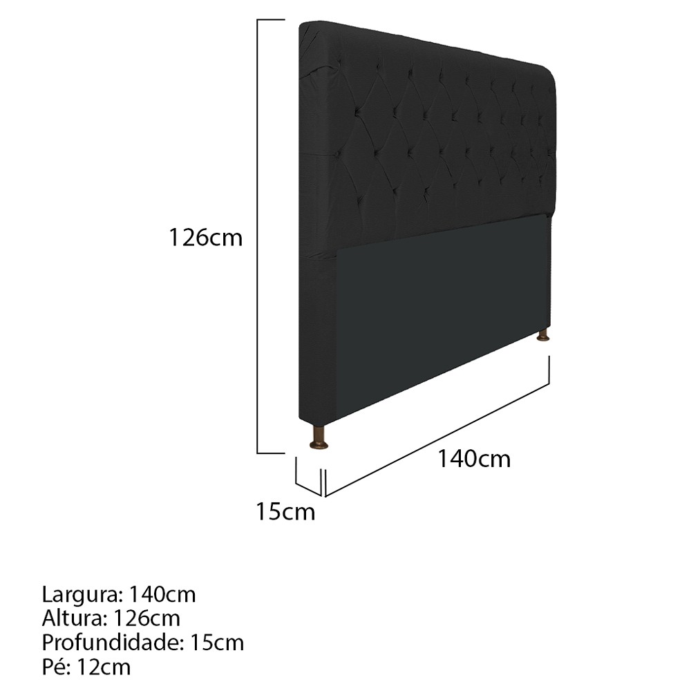 Cabeceira Estofada Cristal 140 cm Casal Com Capitonê Corano Preto- Amarena Móveis