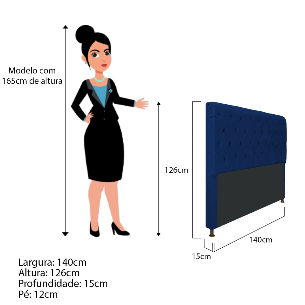 Cabeceira Estofada Cristal 140 cm Casal Com Capitonê Suede Azul Marinho - Amarena Móveis