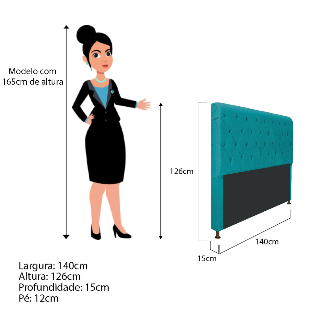 Cabeceira Estofada Cristal 140 cm Casal Com Capitonê Suede Azul Turquesa - Amarena Móveis