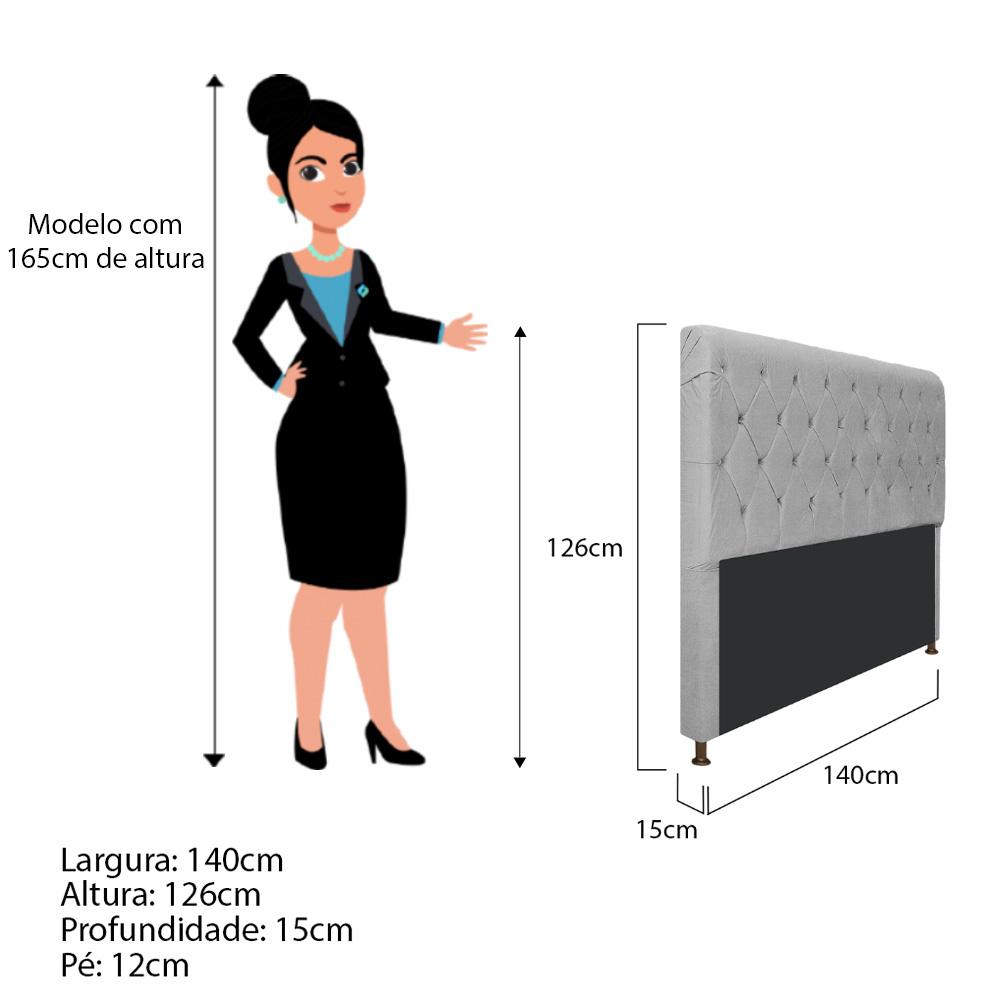 Cabeceira Estofada Cristal 140 cm Casal Com Capitonê Suede Cinza - Amarena Móveis