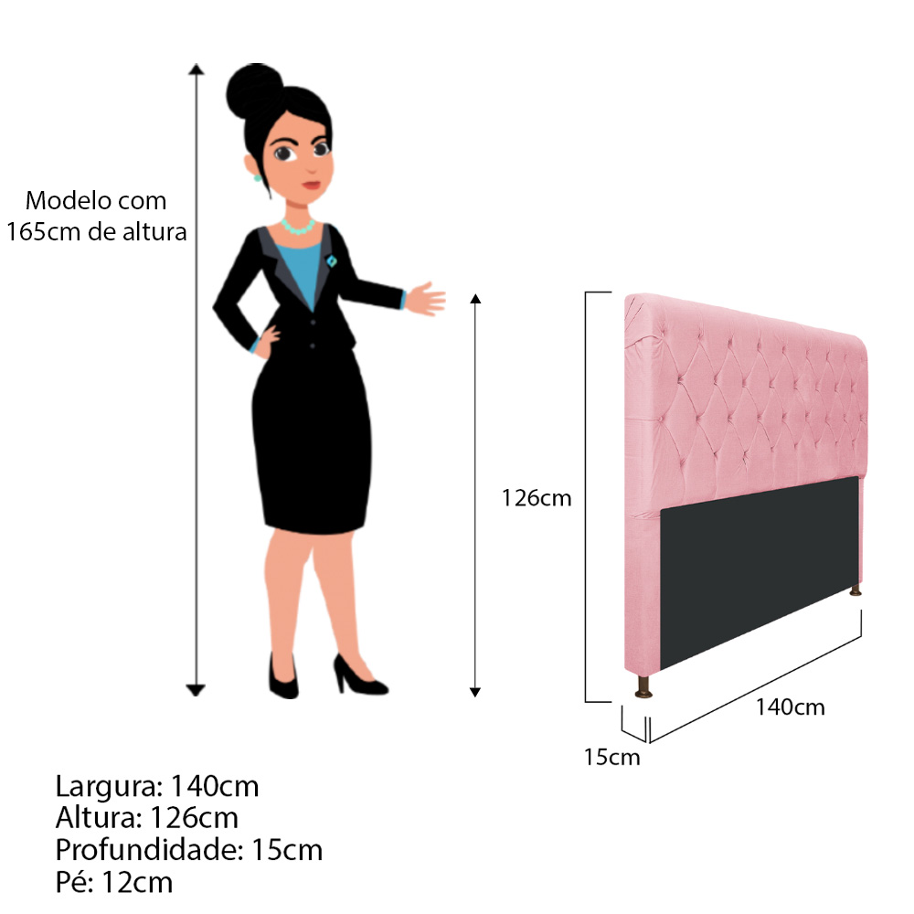 Cabeceira Estofada Cristal 140 cm Casal Com Capitonê Suede Rosa Bebê - Amarena Móveis
