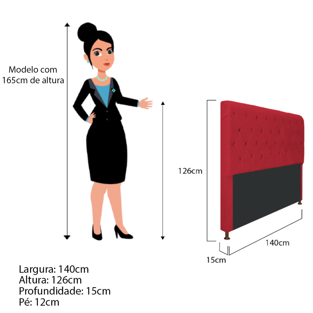 Cabeceira Estofada Cristal 140 cm Casal Com Capitonê Suede Vermelho- Amarena Móveis