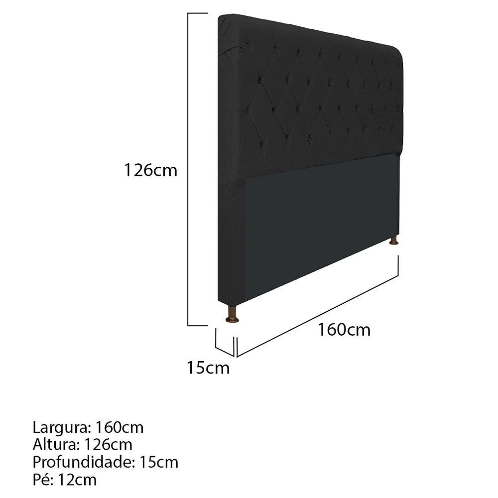 Cabeceira Estofada Cristal 160 cm Queen Size Com Capitonê Corano Preto- Amarena Móveis