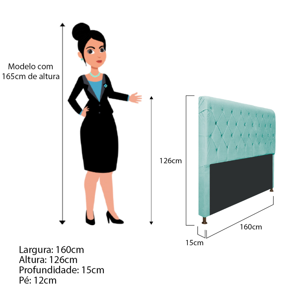 Cabeceira Estofada Cristal 160 cm Queen Size Com Capitonê Suede Azul Tiffany - Amarena Móveis