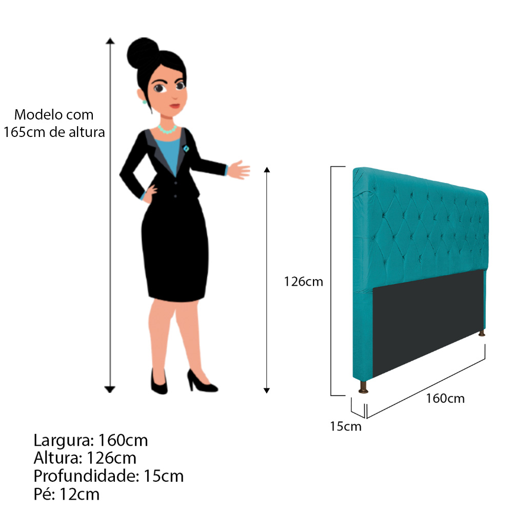Cabeceira Estofada Cristal 160 cm Queen Size Com Capitonê Suede Azul Turquesa - Amarena Móveis