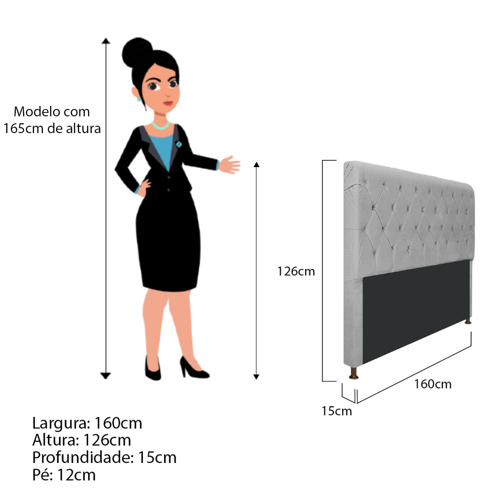 Cabeceira Estofada Cristal 160 cm Queen Size Com Capitonê Suede Cinza - Amarena Móveis
