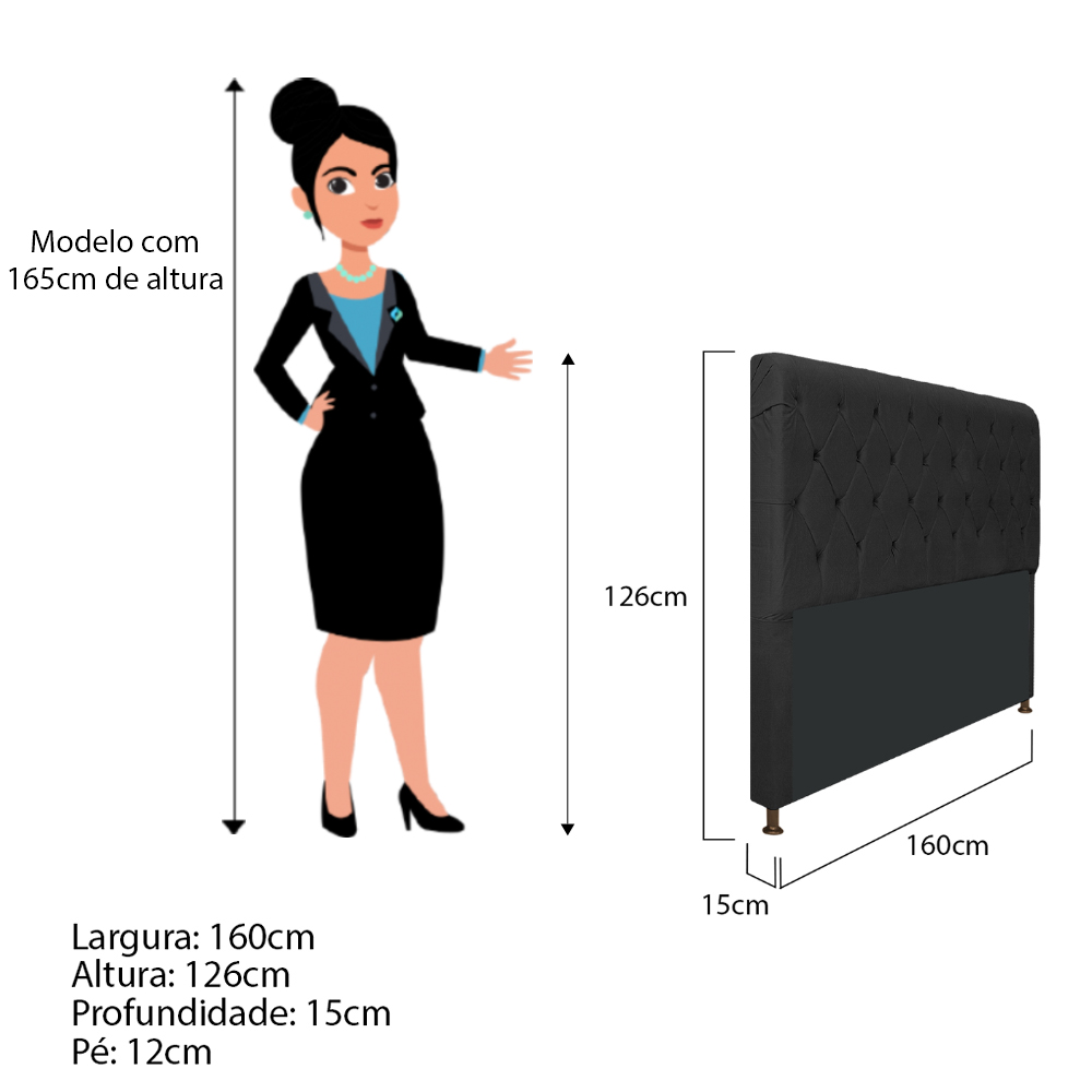 Cabeceira Estofada Cristal 160 cm Queen Size Com Capitonê Suede Preto - Amarena Móveis