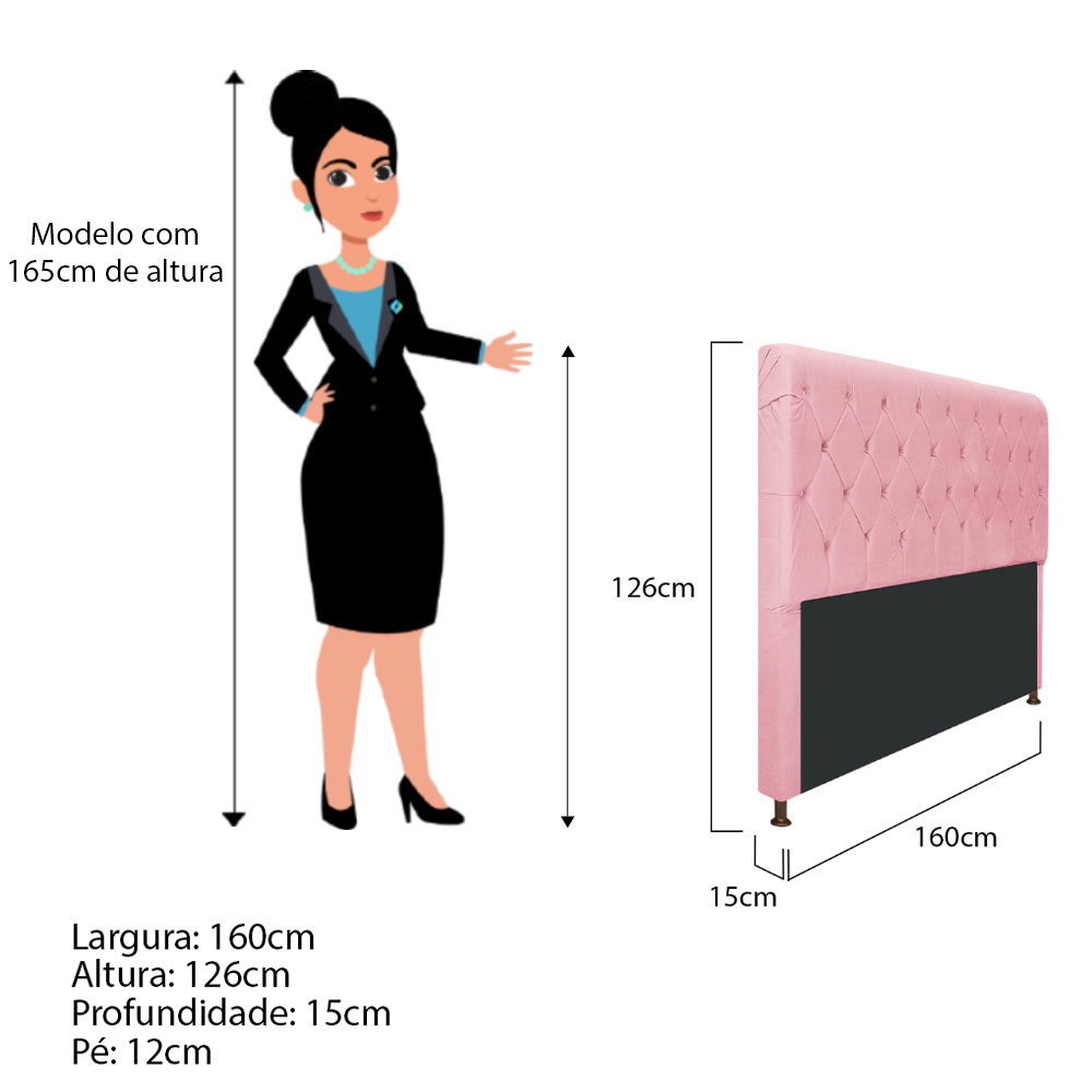 Cabeceira Estofada Cristal 160 cm Queen Size Com Capitonê Suede Rosa Bebê - Amarena Móveis