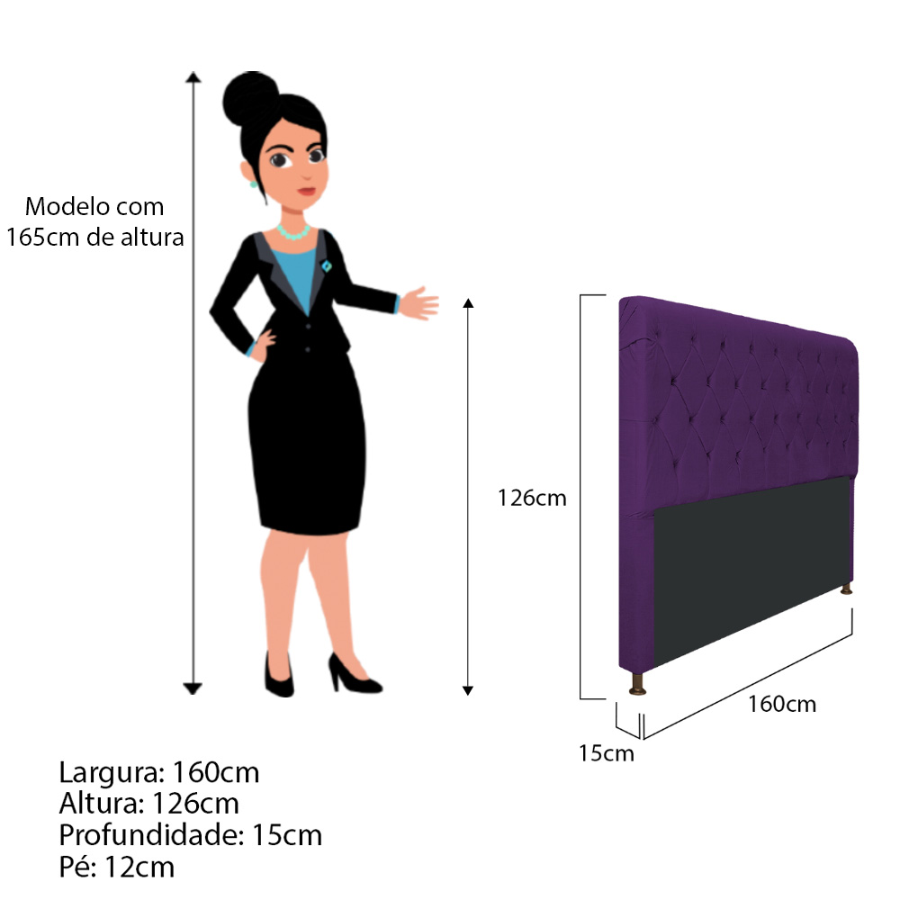 Cabeceira Estofada Cristal 160 cm Queen Size Com Capitonê Suede Roxo - Amarena Móveis