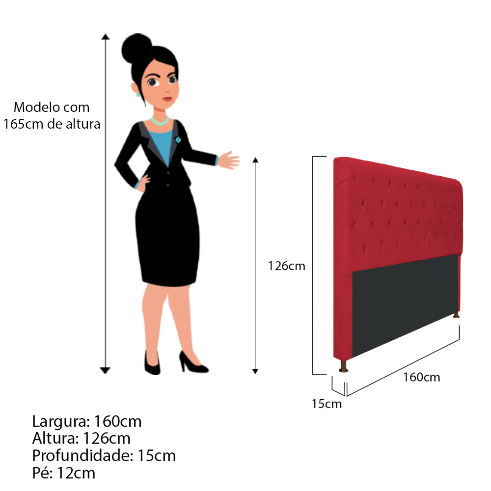 Cabeceira Estofada Cristal 160 cm Queen Size Com Capitonê Suede Vermelho- Amarena Móveis