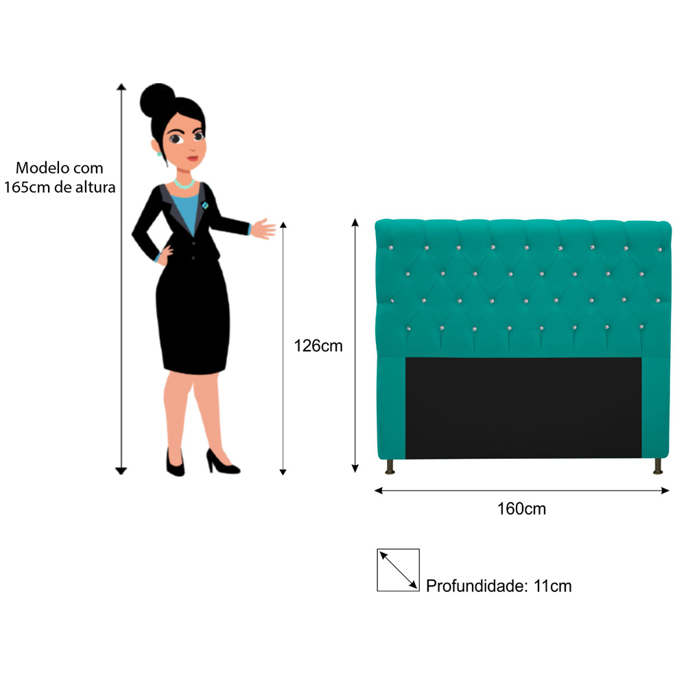 Cabeceira Estofada Cristal 160 cm Queen Size Com Strass Suede Azul Turquesa - Amarena Móveis