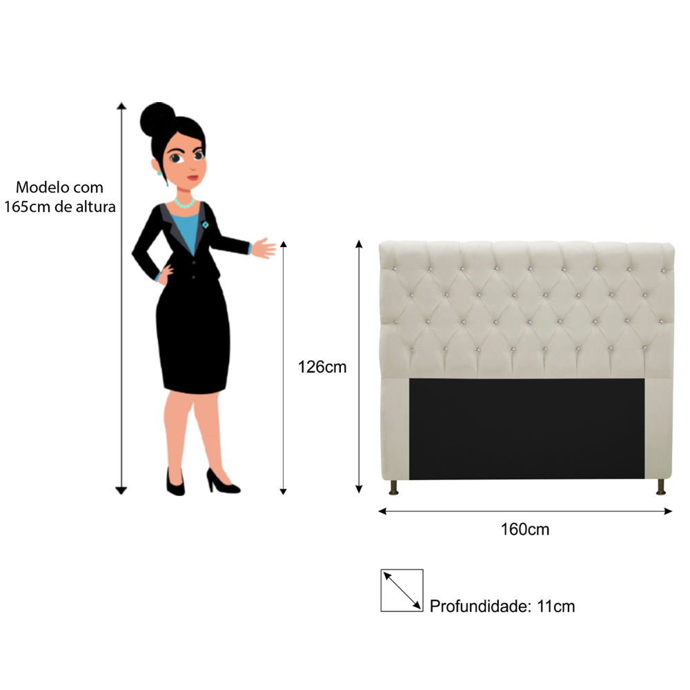 Cabeceira Estofada Cristal 160 cm Queen Size Com Strass Suede Bege - Amarena Móveis