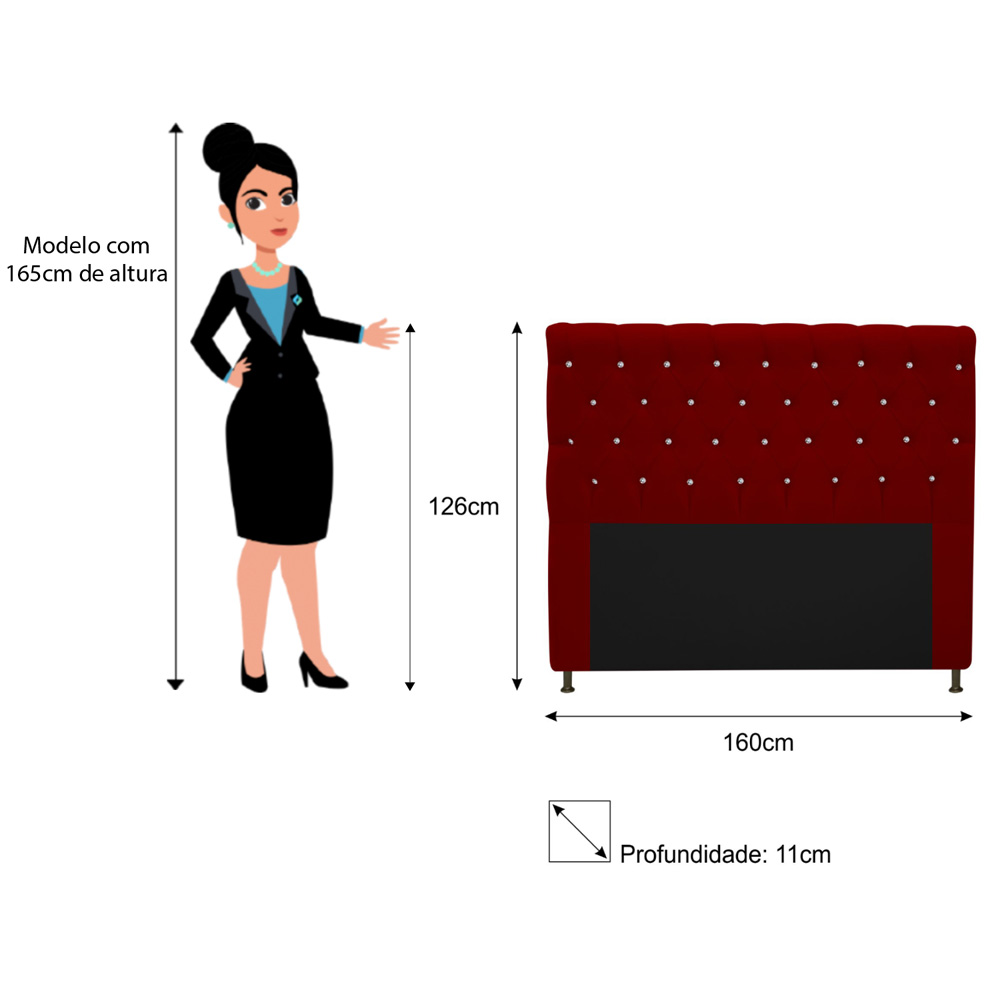 Cabeceira Estofada Cristal 160 cm Queen Size Com Strass Suede Bordô - Amarena Móveis