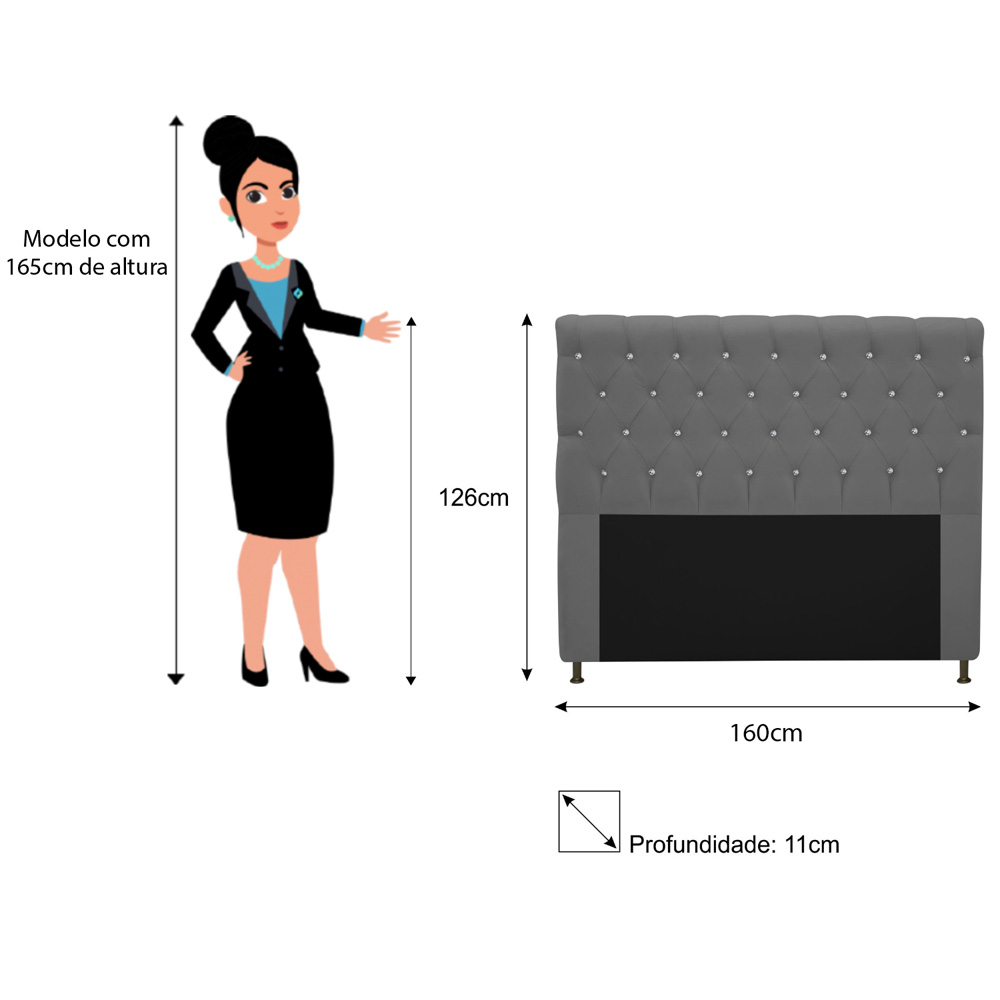 Cabeceira Estofada Cristal 160 cm Queen Size Com Strass Suede Cinza - Amarena Móveis