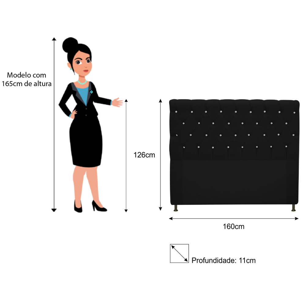 Cabeceira Estofada Cristal 160 cm Queen Size Com Strass Suede Preto - Amarena Móveis
