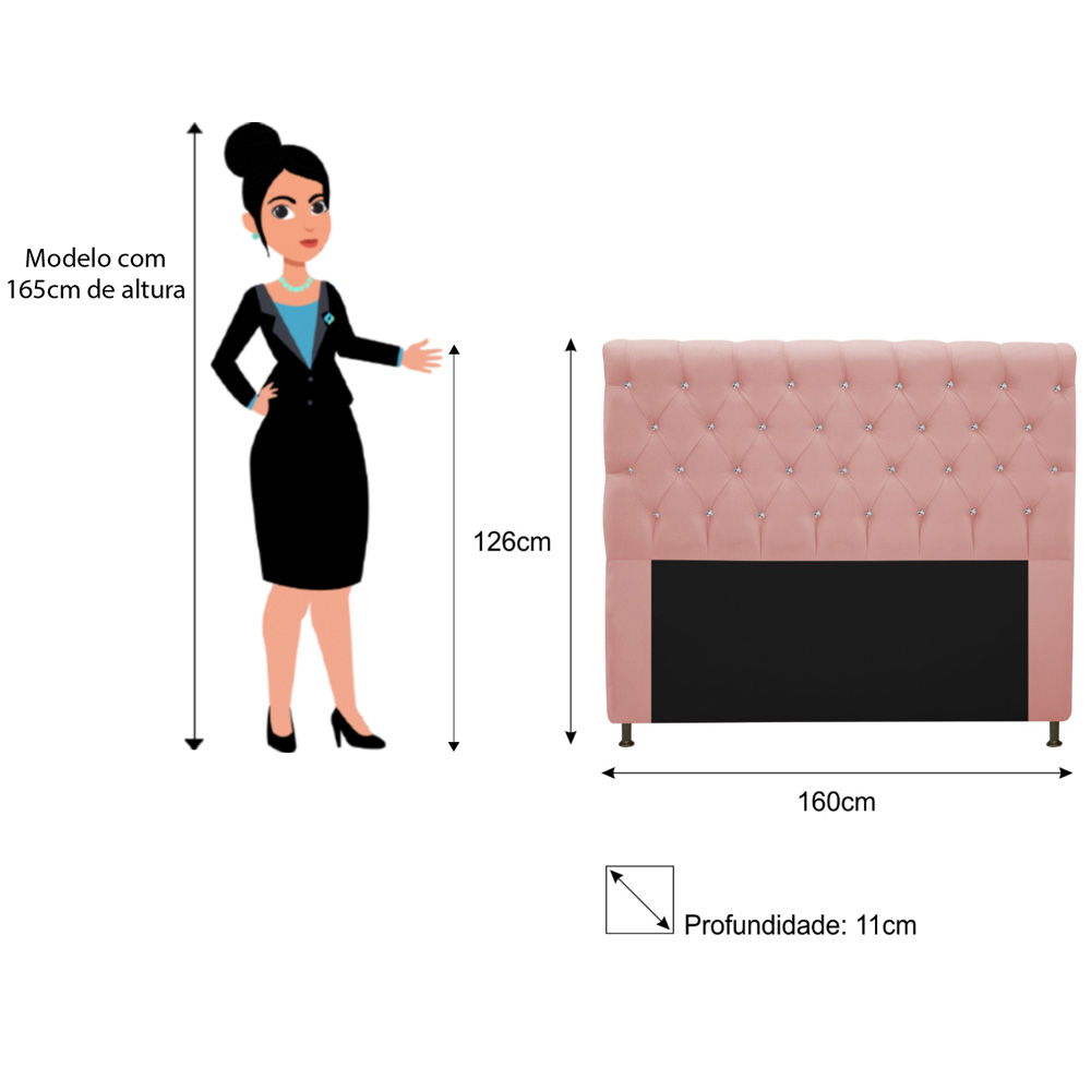 Cabeceira Estofada Cristal 160 cm Queen Size Com Strass Suede Rosê - Amarena Móveis