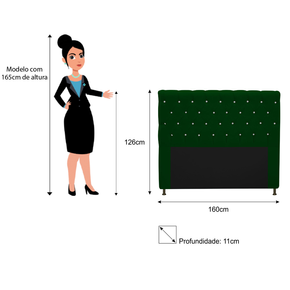 Cabeceira Estofada Cristal 160 cm Queen Size Com Strass Suede Verde - Amarena Móveis