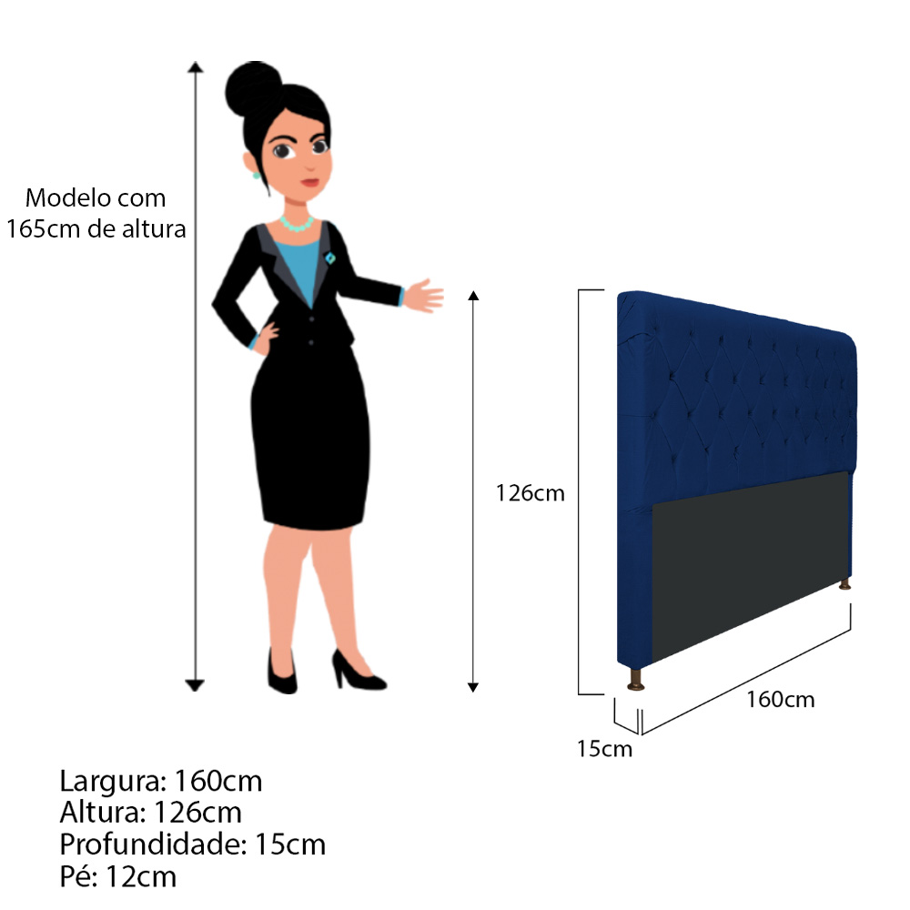Cabeceira Estofada Cristal 195 cm King Size Com Capitonê Suede Azul Marinho - Amarena Móveis