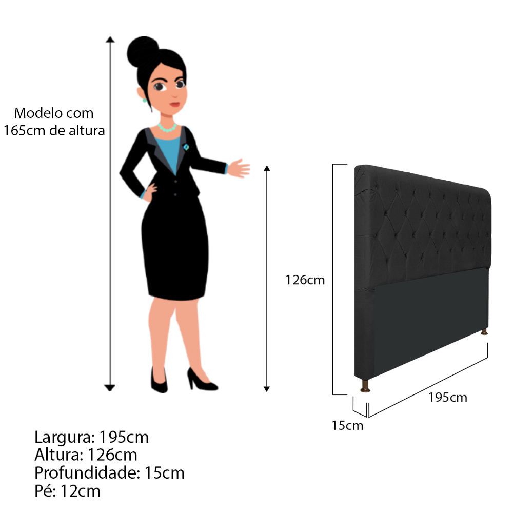 Cabeceira Estofada Cristal 195 cm King Size Com Capitonê Suede Preto - Amarena Móveis