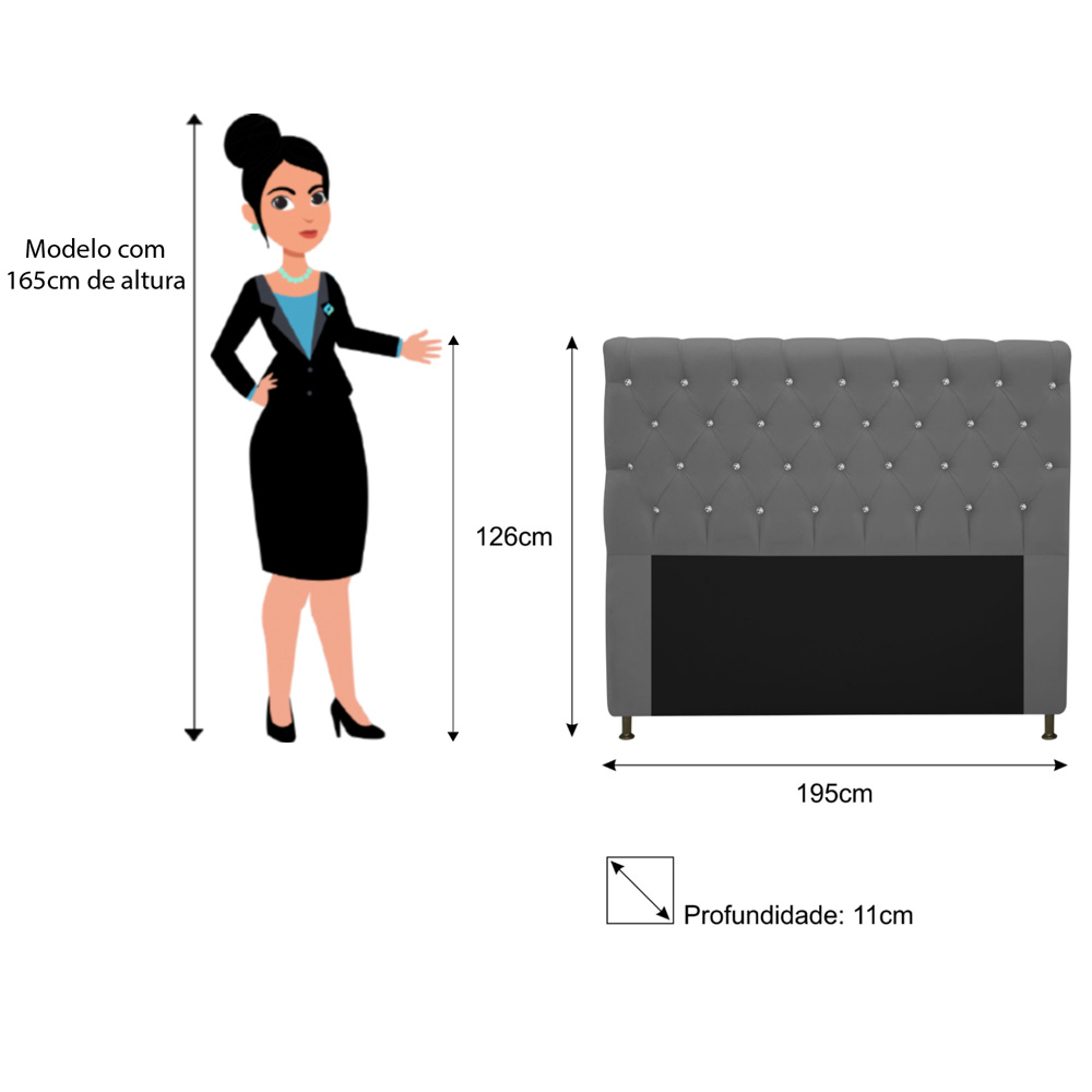 Cabeceira Estofada Cristal 195 cm King Size Com Strass Suede Cinza - Amarena Móveis