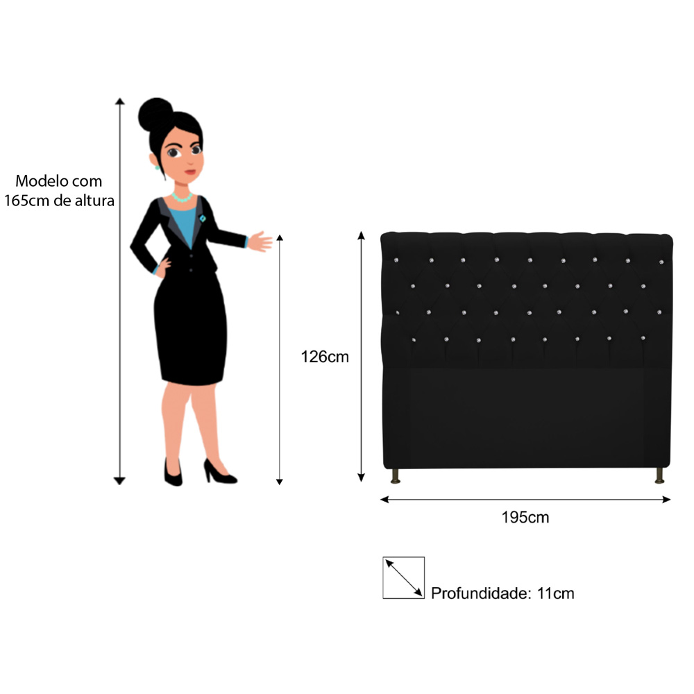 Cabeceira Estofada Cristal 195 cm King Size Com Strass Suede Preto - Amarena Móveis