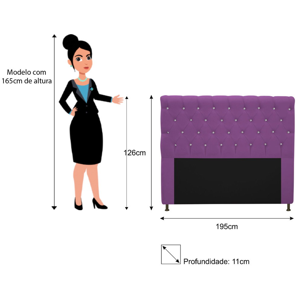 Cabeceira Estofada Cristal 195 cm King Size Com Strass Suede Roxo - Amarena Móveis