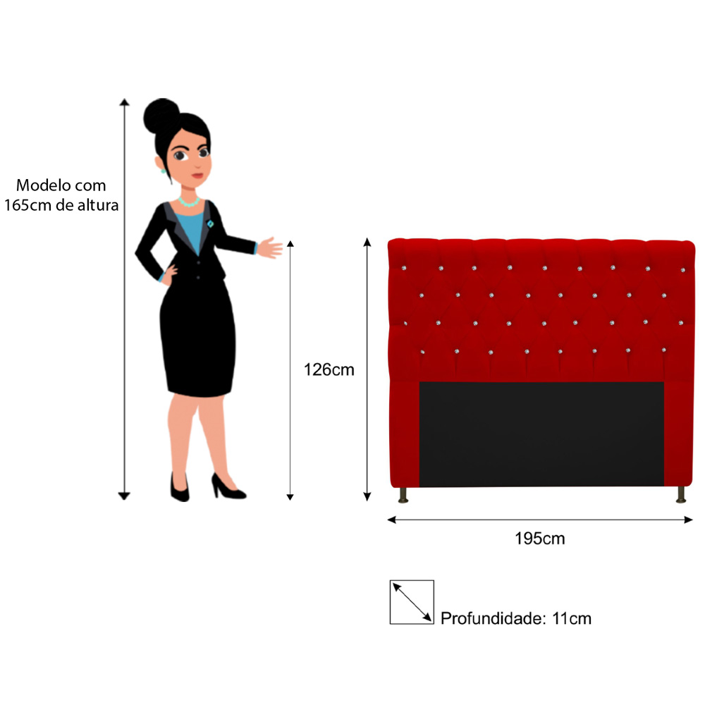 Cabeceira Estofada Cristal 195 cm King Size Com Strass Suede Vermelho- Amarena Móveis