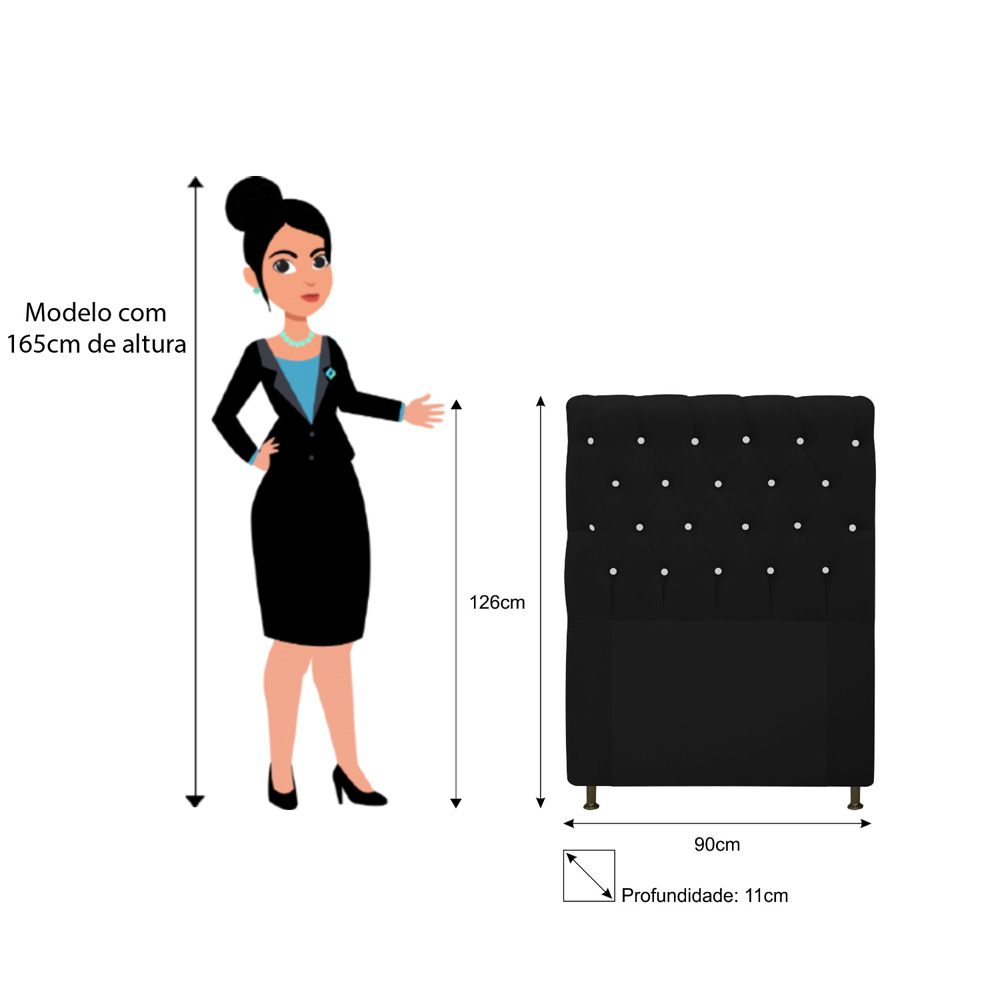 Cabeceira Estofada Cristal 90 cm Solteiro Com Strass  Suede Preto - Amarena Móveis