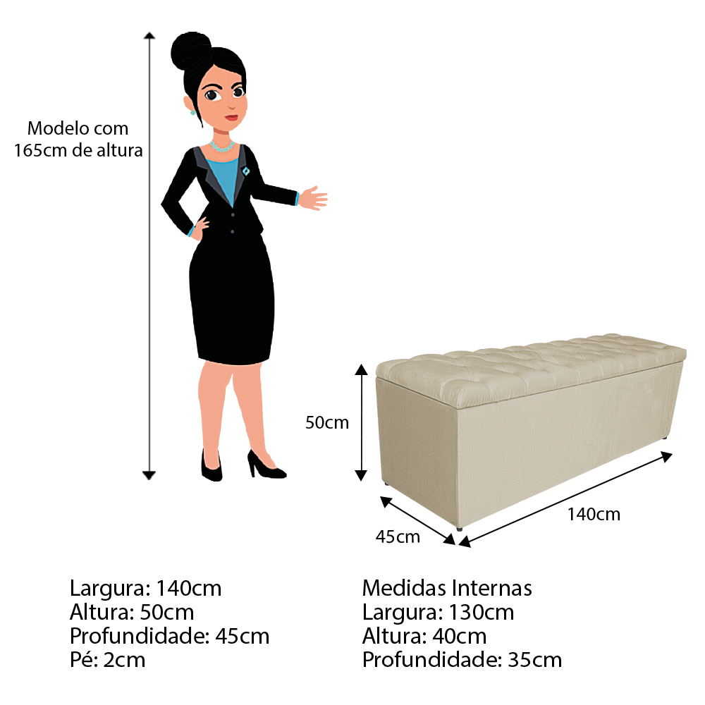Calçadeira Estofada Liverpool 140 cm Casal Linho Bege - Amarena Móveis