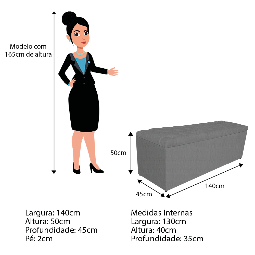 Calçadeira Estofada Liverpool 140 cm Casal Linho Chumbo - Amarena Móveis