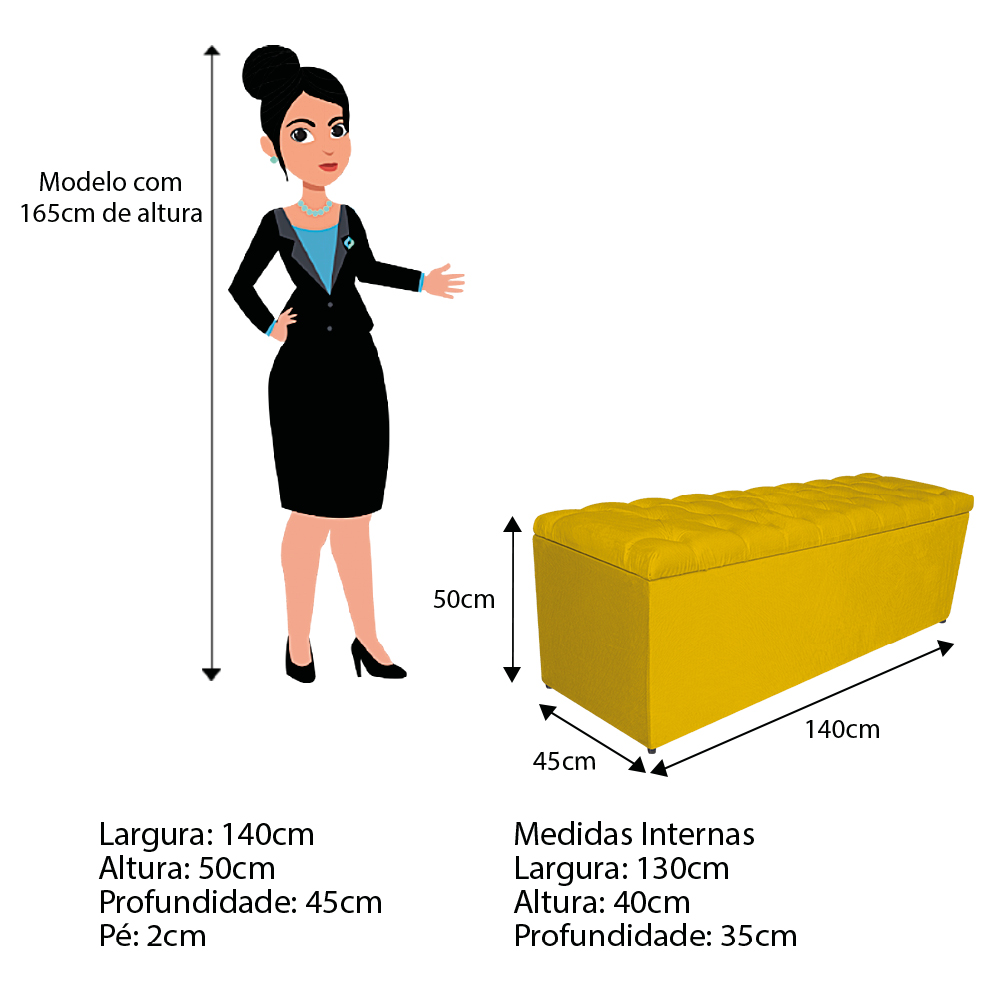 Calçadeira Estofada Liverpool 140 cm Casal Suede Amarelo - Amarena Móveis