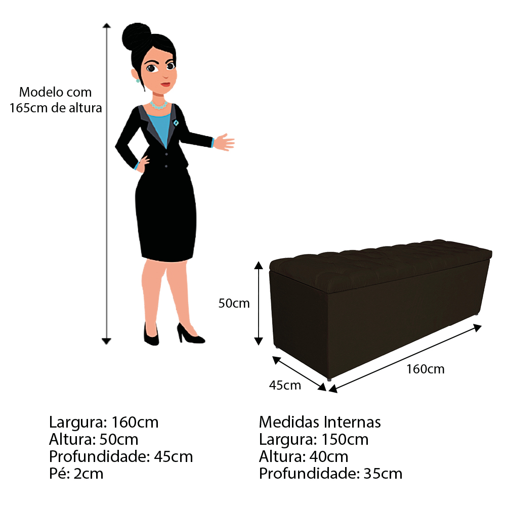 Calçadeira Estofada Liverpool 160 cm Queen Size Corano Marrom - Amarena Móveis