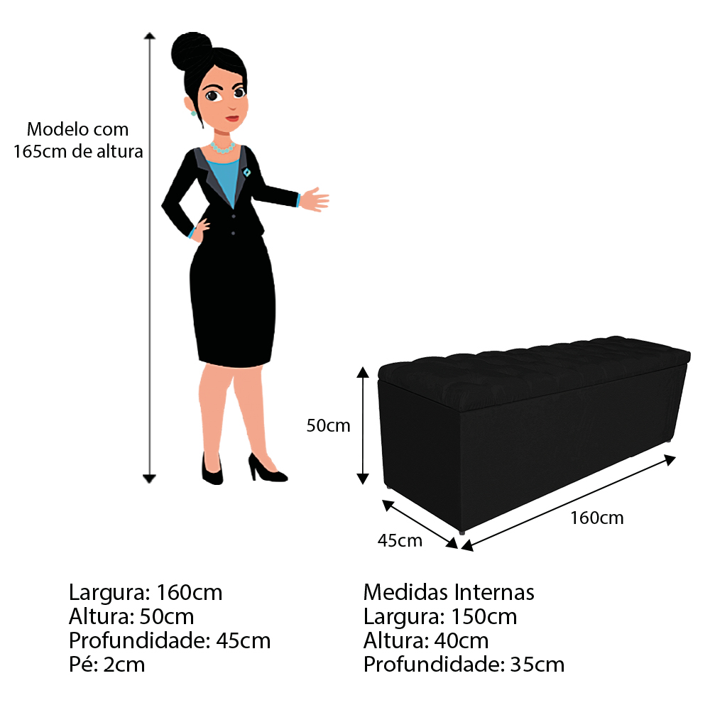 Calçadeira Estofada Liverpool 160 cm Queen Size Corano Preto - Amarena Móveis