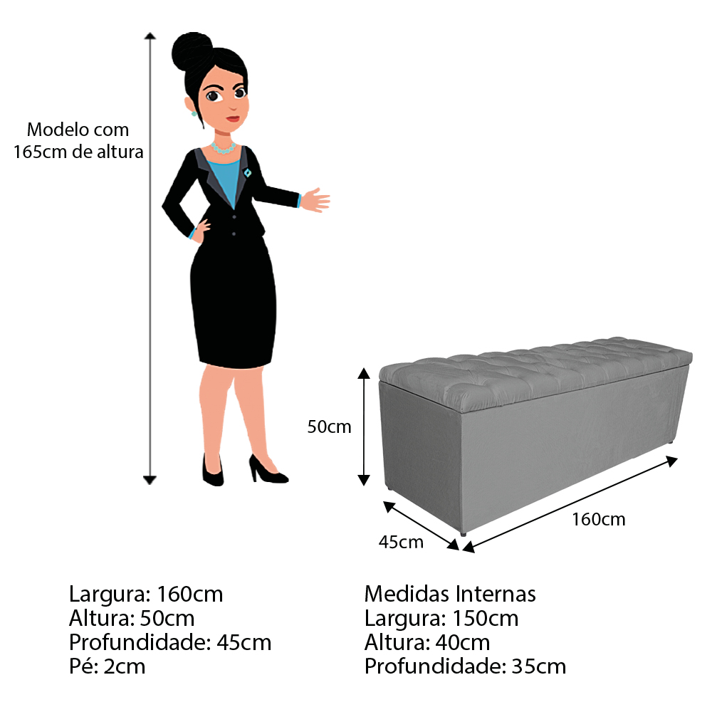 Calçadeira Estofada Liverpool 160 cm Queen Size Suede Cinza - Amarena Móveis